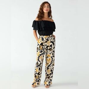 Sanctuary Black & Gold Floral Scroll Wide-Leg Pants
